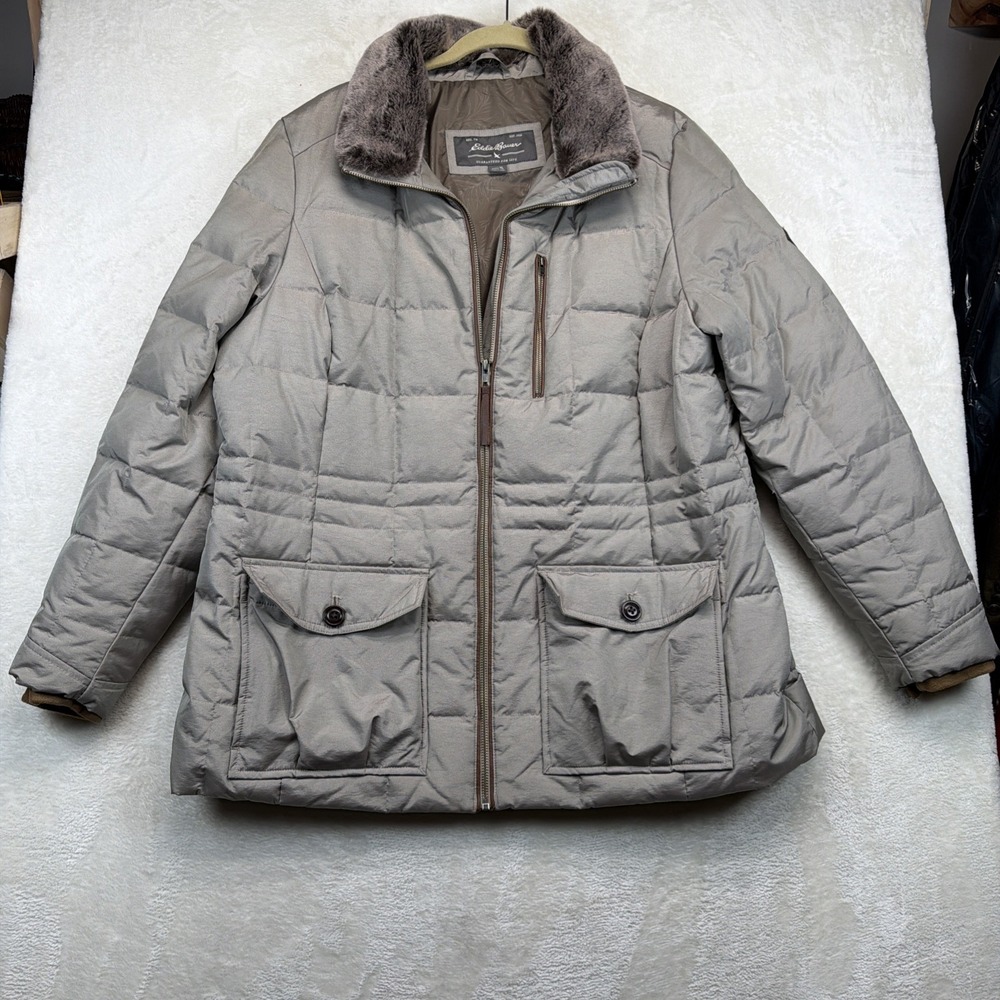 Eddie Bauer Womens XL Goose Down Puffer Jacket Brown Quilted Faux Fur Collar